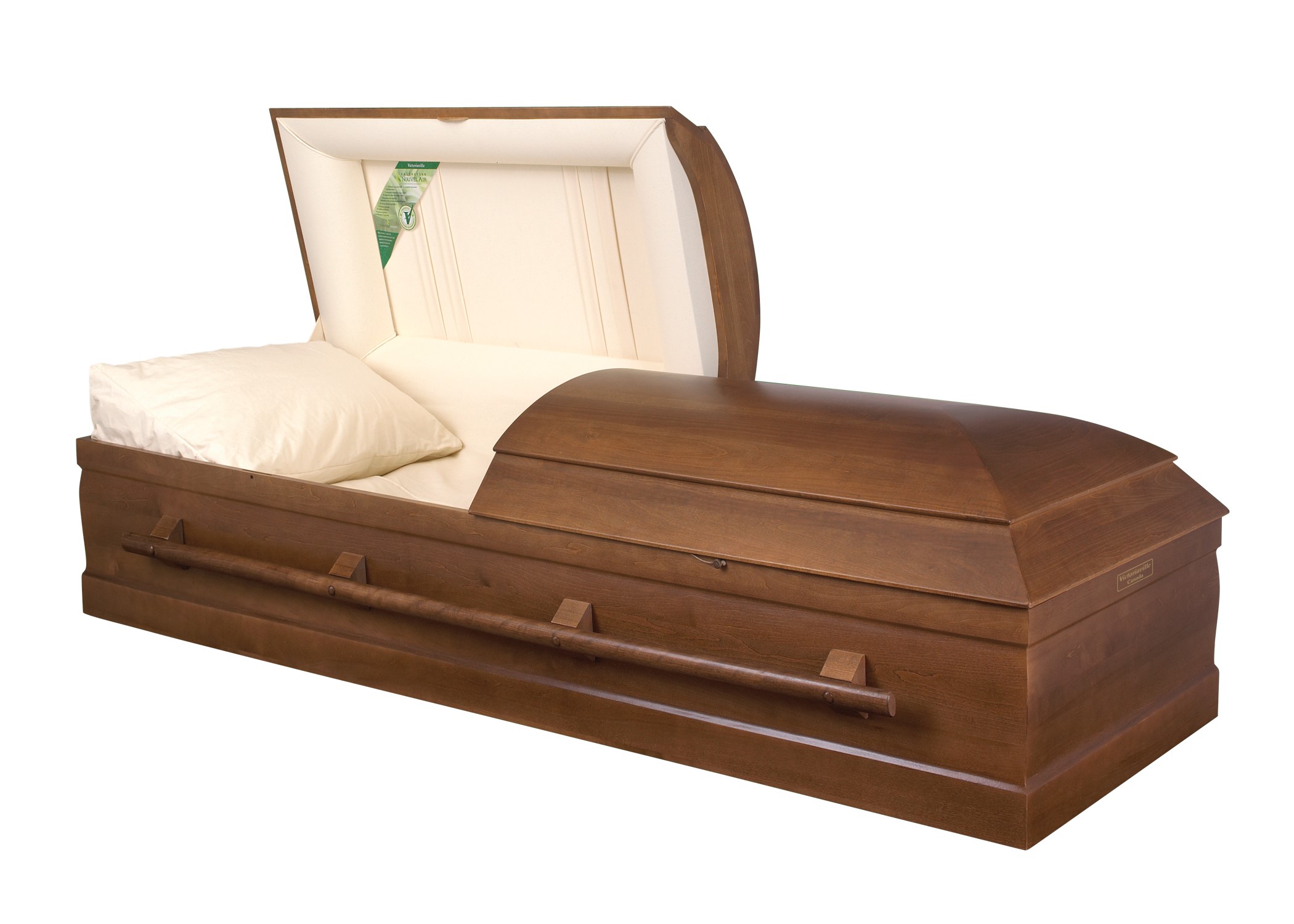 LOGICA
Poplar wood casket
Water-based rustic brown treatment, water-based satin finish
Natural cotton interior with excelsior mattress